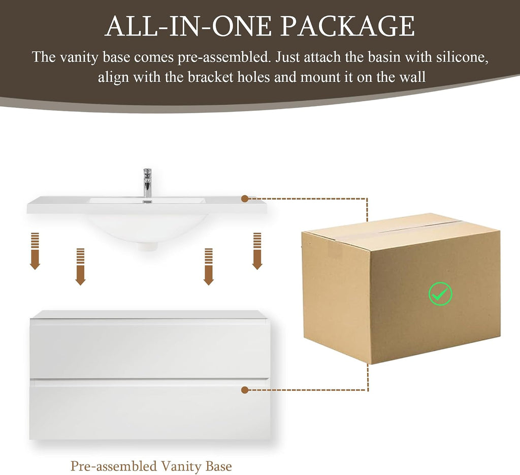 42' Floating Bathroom Vanity with Sink, Wall Mounted Bathroom Cabinet with Solid Surface Top and Soft Close Drawers, Glossy White (No Assembly Required)