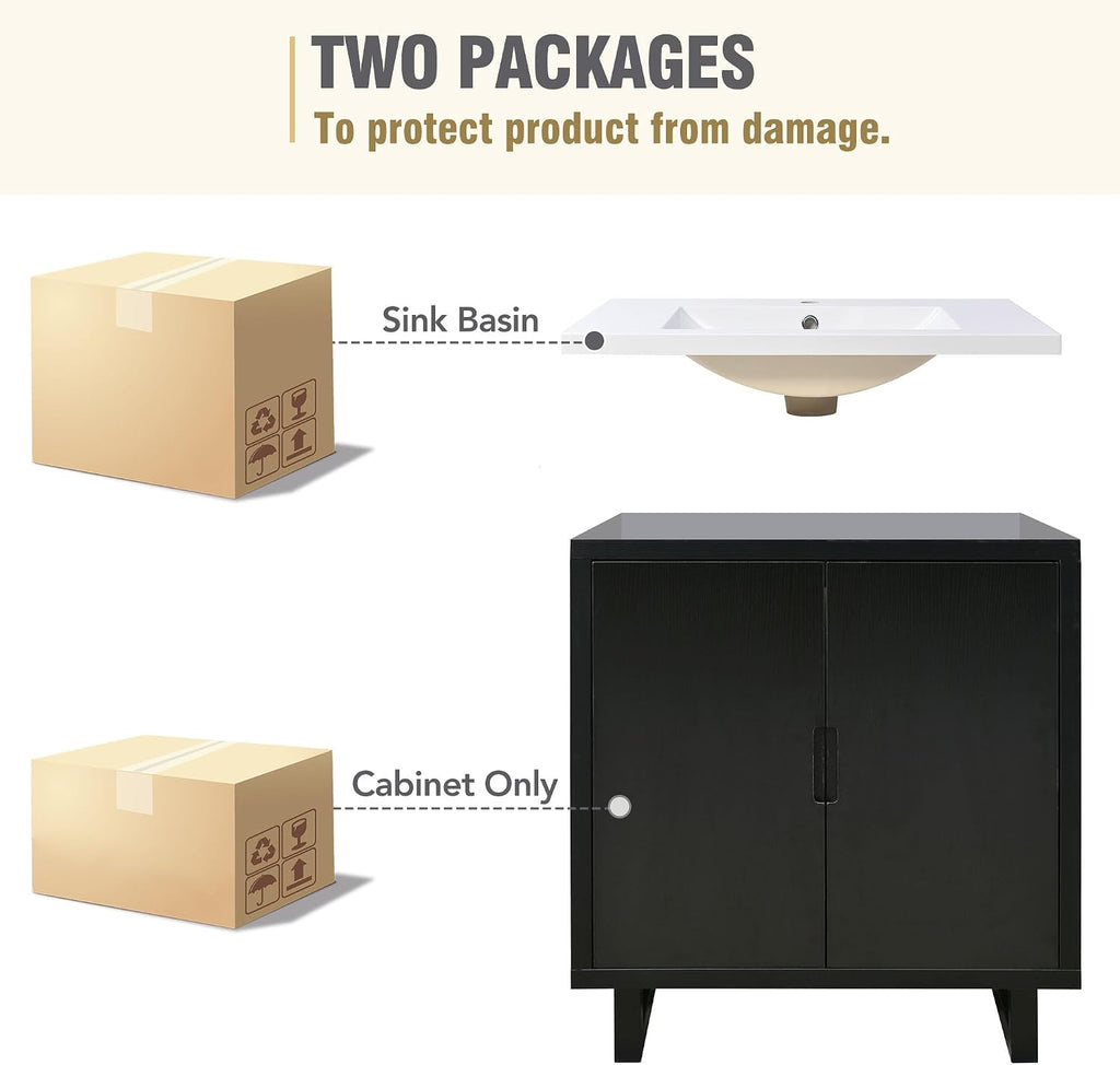 Harper & Bright Designs 30' Bathroom Vanity with Sink, Free Standing Single Basin Vanity Set with 2 Doors Lager Cabinet, Modern Wooden Bathroom Cabinet with Resin Basin for Bathroom, Black