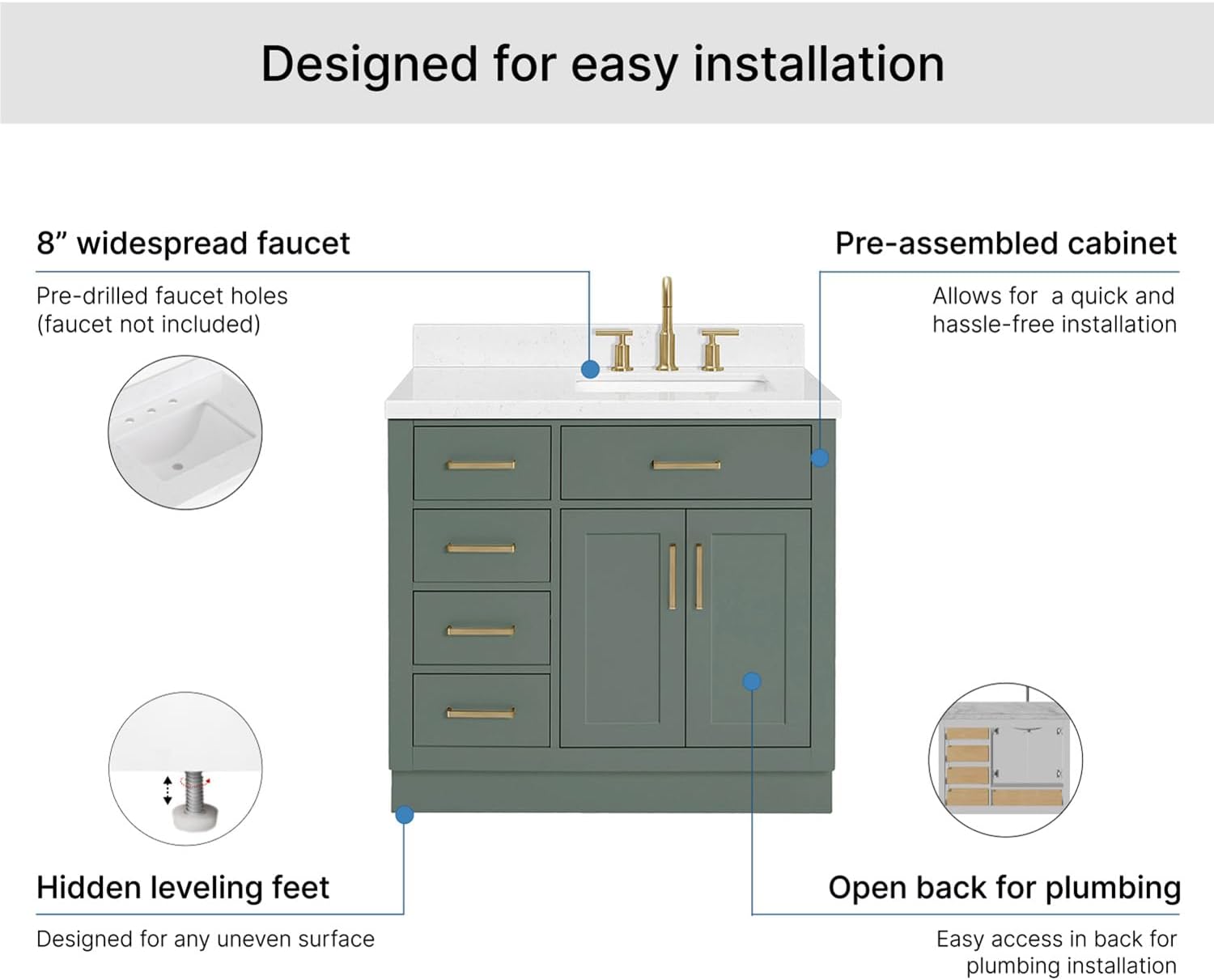 ARIEL Hepburn 36-inch Bathroom Vanity with Sink,Solid Wood, 1.5-inch Carrara White Quartz Countertop, Single Rectangular Porcelain Sink, 2 Soft Closing Doors, 5 Dovetail Drawers, Vintage Green