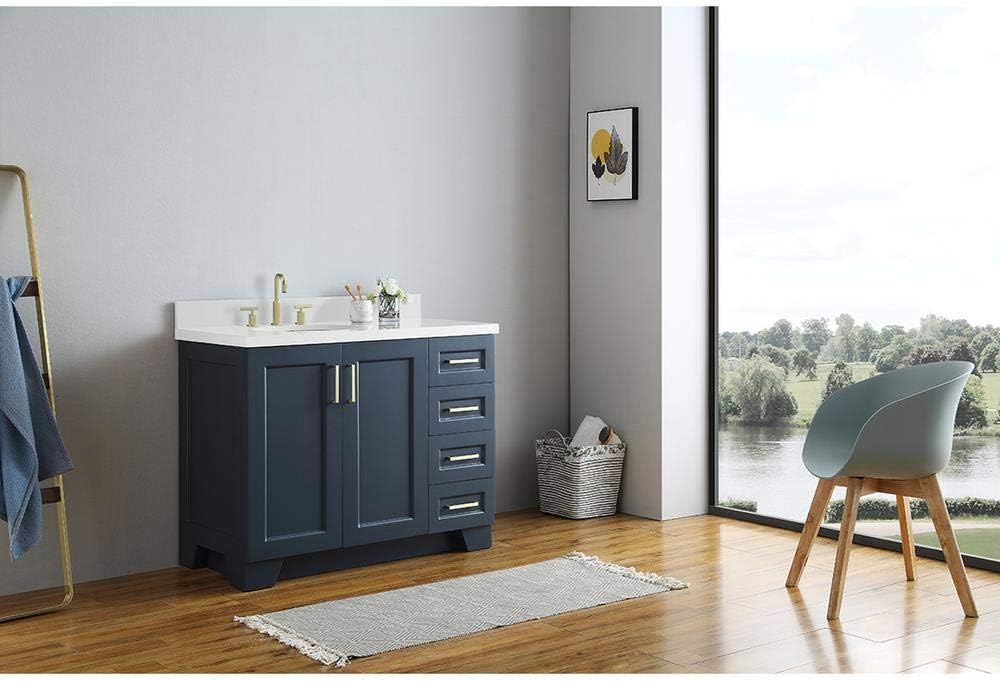 ARIEL Taylor 42-inch Bathroom Vanity with Sink,Solid Wood, 1.5-inch Pure White Quartz Countertop & Backsplash, Single Oval Porcelain Sink, 2 Soft Closing Doors, 5 Dovetail Drawers, Midnight Blue
