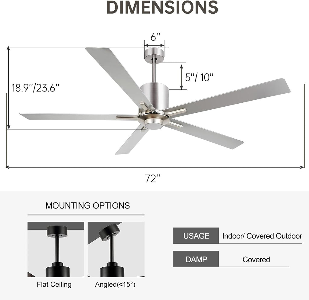 OFANTOP Modern Silver 72 Inch Large Ceiling Fans with Lights and Remote, Quiet Reversible DC Motor for Patio Living Room, 6 Speed