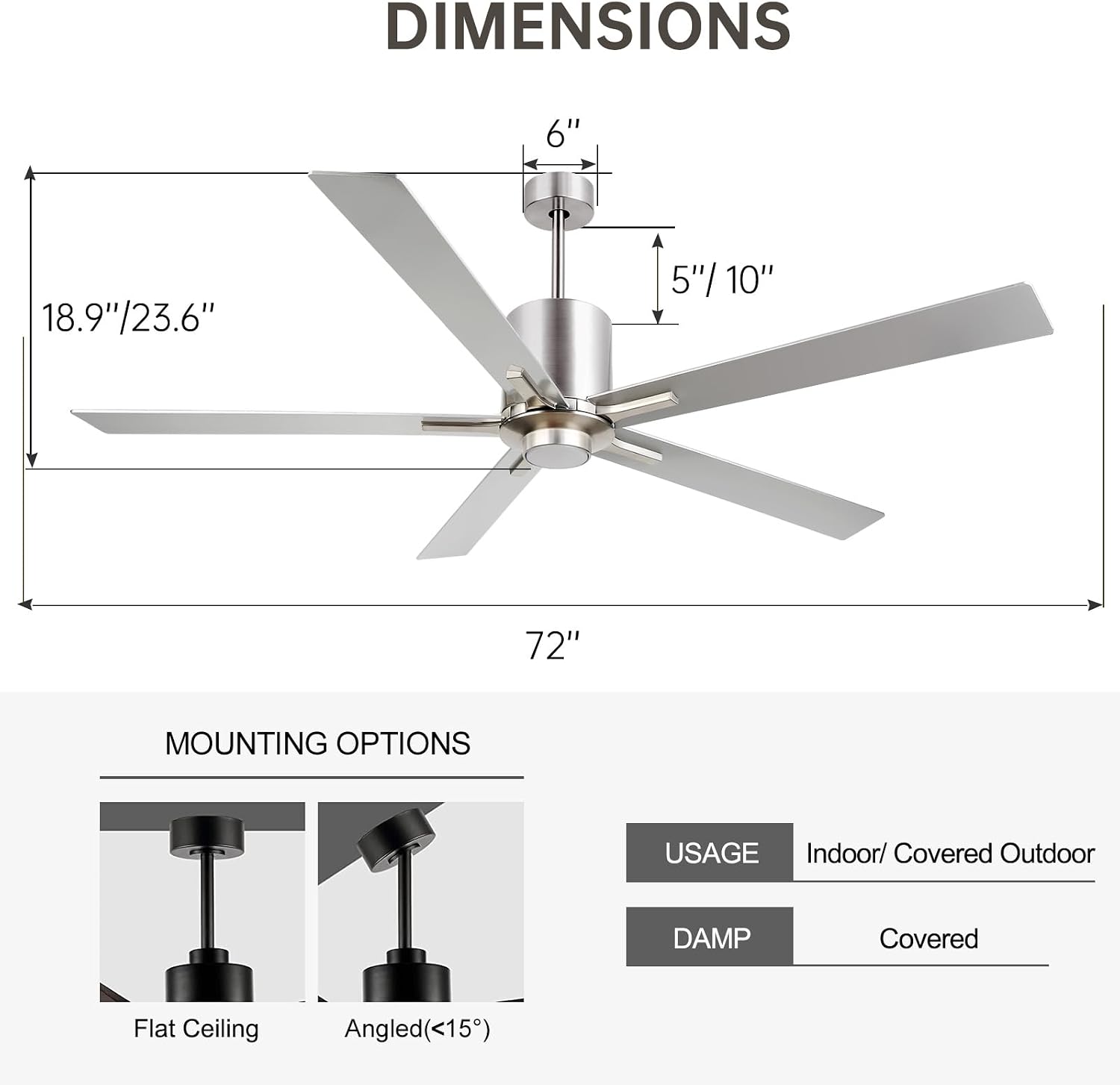 OFANTOP Modern Silver 72 Inch Large Ceiling Fans with Lights and Remote, Quiet Reversible DC Motor for Patio Living Room, 6 Speed