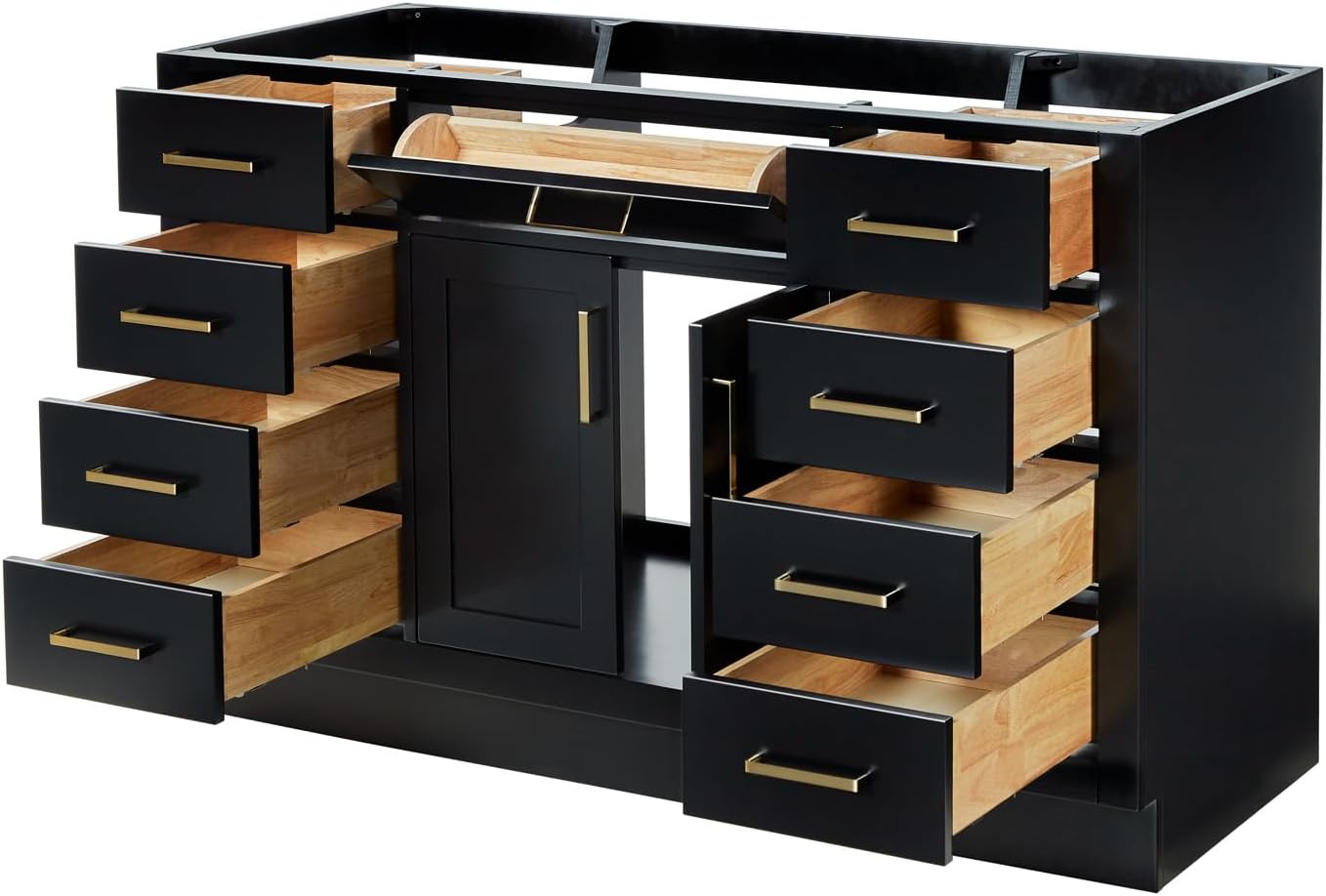ARIEL Hepburn 54-inch Bathroom Vanity Base Cabinet,Solid Wood, 2 Soft Closing Doors, 9 Dovetail Drawers, Black