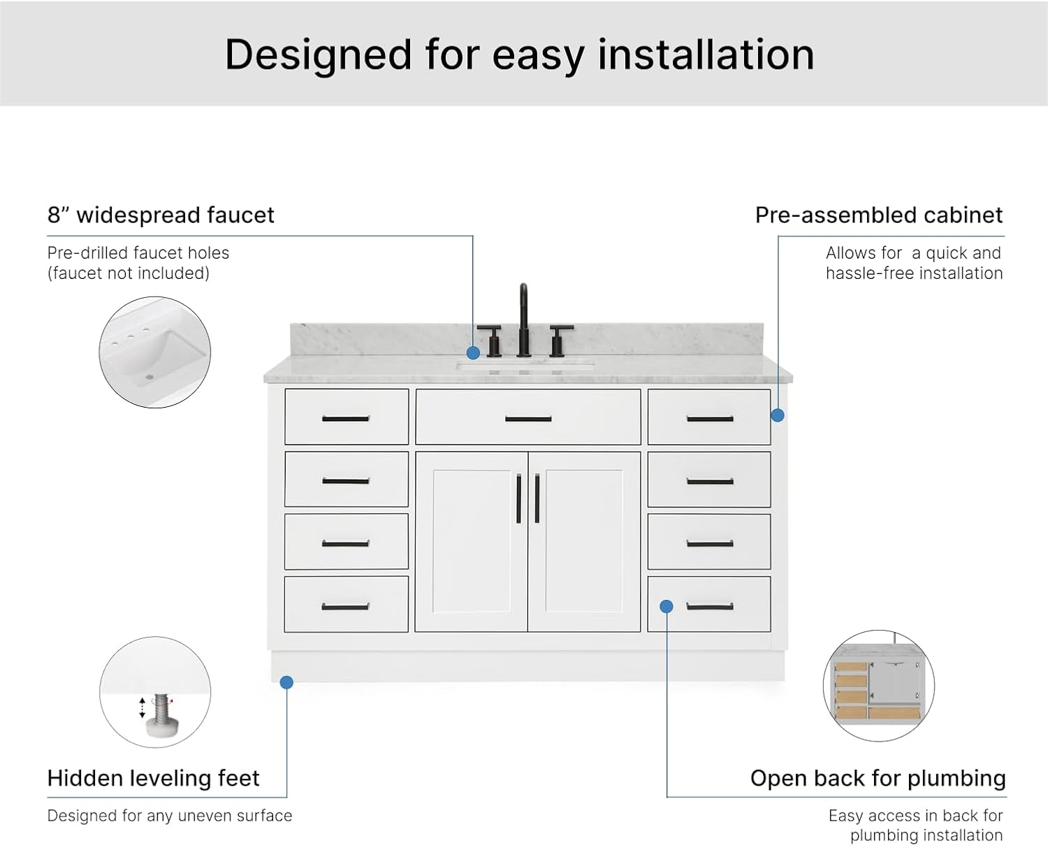 ARIEL Hepburn 60-inch Bathroom Vanity with Sink,Solid Wood, 0.75-inch Italian Carrara Marble Countertop, Single Rectangular Porcelain Sink, 2 Soft Closing Doors, 9 Dovetail Drawers, White