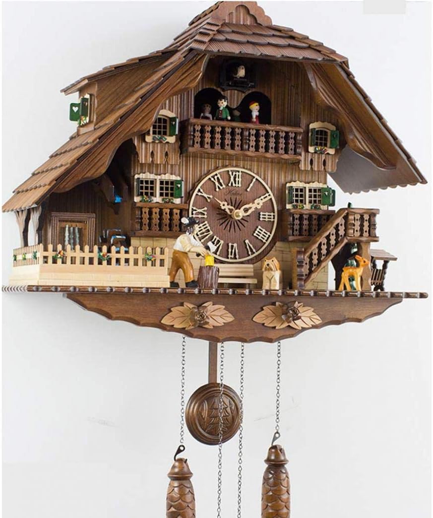 Cuckoo Clock Solid Wood Hand Carved Villa with Music and Rotating Doll, Quartz Wooden Wall Clock with Adjustable Volume and Night Sensor for Home and Office