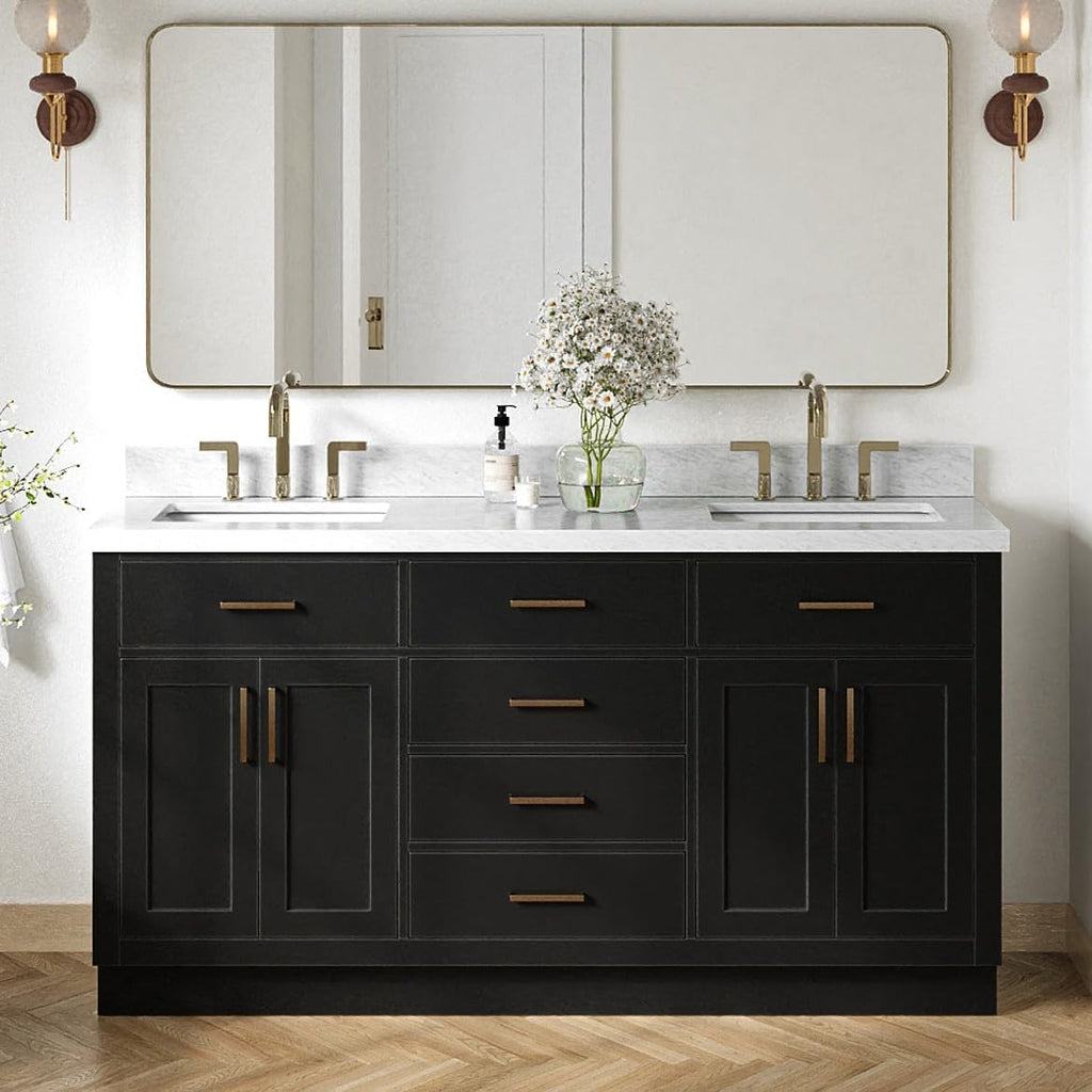ARIEL Hepburn 66-inch Bathroom Vanity with Sink,Solid Wood, 1.5-inch Italian Carrara Marble Countertop, Double Rectangular Porcelain Sink, 4 Soft Closing Doors, 6 Dovetail Drawers, Black