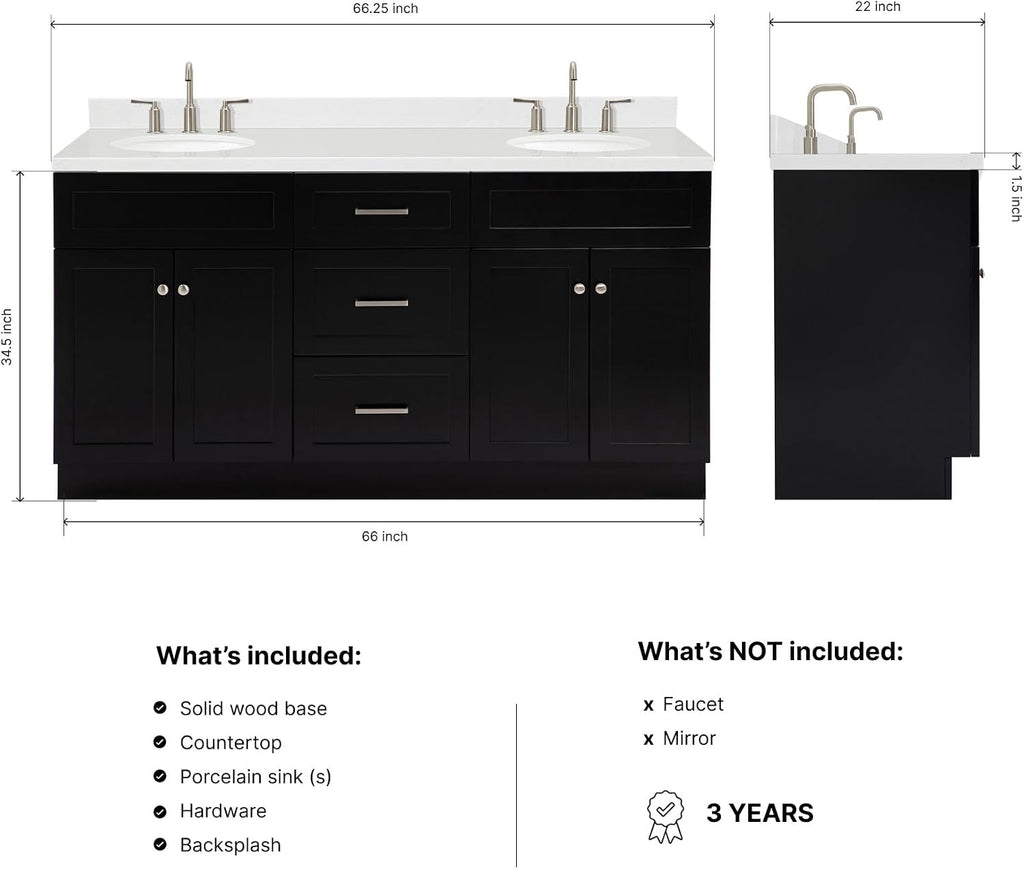 ARIEL Hamlet 66-inch Bathroom Vanity with Sink,Solid Wood, 1.5-inch Carrara White Quartz Countertop & Backsplash, Double Oval Porcelain Sink, 4 Soft Closing Doors, 3 Dovetail Drawers, Black