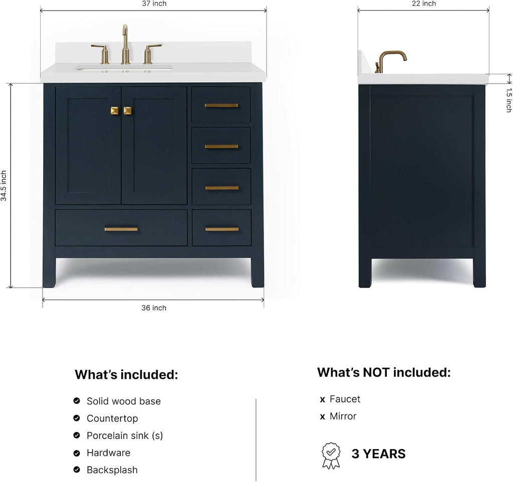 ARIEL Cambridge 36-inch Bathroom Vanity with Sink,Solid Wood, 1.5-inch Pure White Quartz Countertop, Single Rectangular Porcelain Sink, 2 Soft Closing Doors, 5 Dovetail Drawers, Midnight Blue