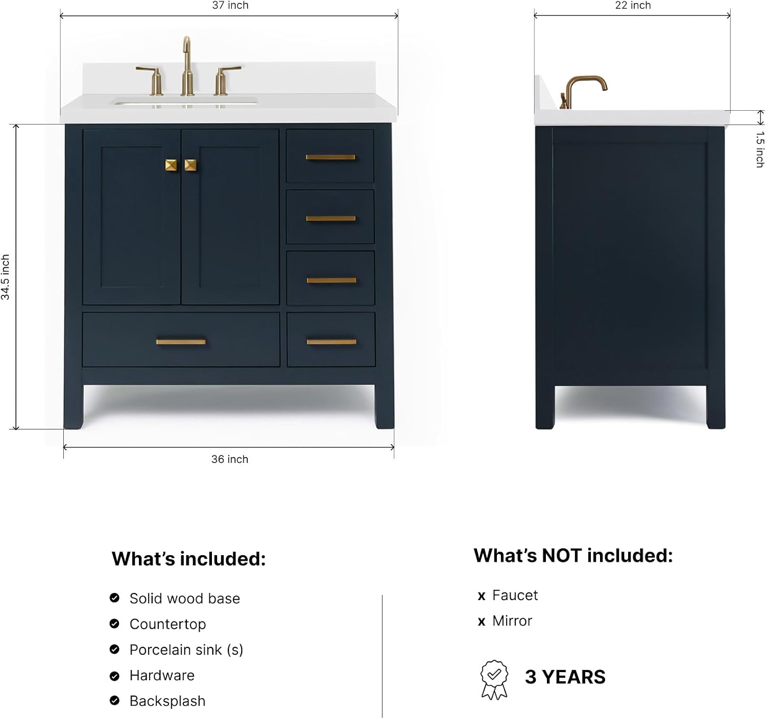 ARIEL Cambridge 36-inch Bathroom Vanity with Sink,Solid Wood, 1.5-inch Pure White Quartz Countertop, Single Rectangular Porcelain Sink, 2 Soft Closing Doors, 5 Dovetail Drawers, Midnight Blue