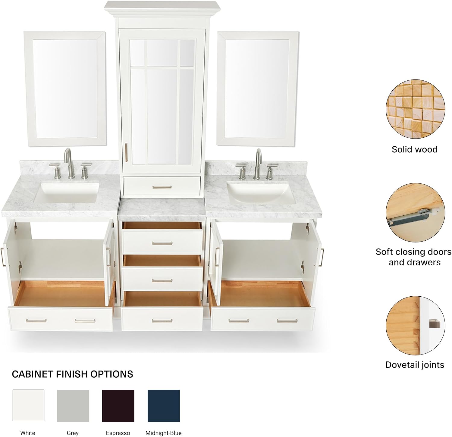 ARIEL Stafford 84-inch Bathroom Vanity with Sink,Solid Wood, 1.5-inch Italian Carrara Marble Countertop, Double Rectangular Porcelain Sink, 5 Soft Closing Doors, 6 Dovetail Drawers, White