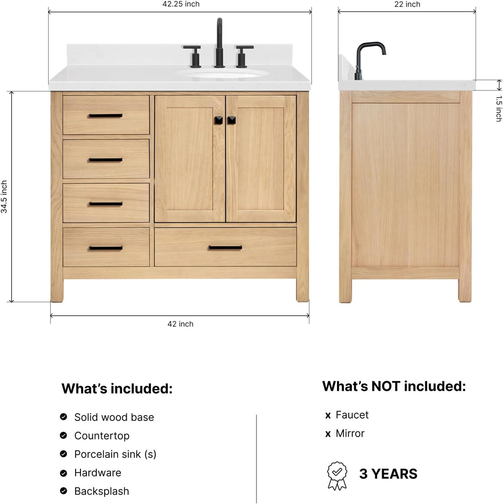 DKB Beckford 42-Inch Oak Single Bathroom Vanity with Sink, Carrara White Quartz Countertop & 1.5' Miter Edge, 4' Backsplash, Soft Closing Door & Drawer, Matte Black Hardware