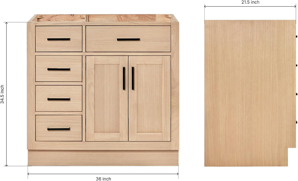 ARIEL Hepburn 36-inch Bathroom Vanity Base Cabinet,Solid Wood, 2 Soft Closing Doors, 5 Dovetail Drawers, White Oak