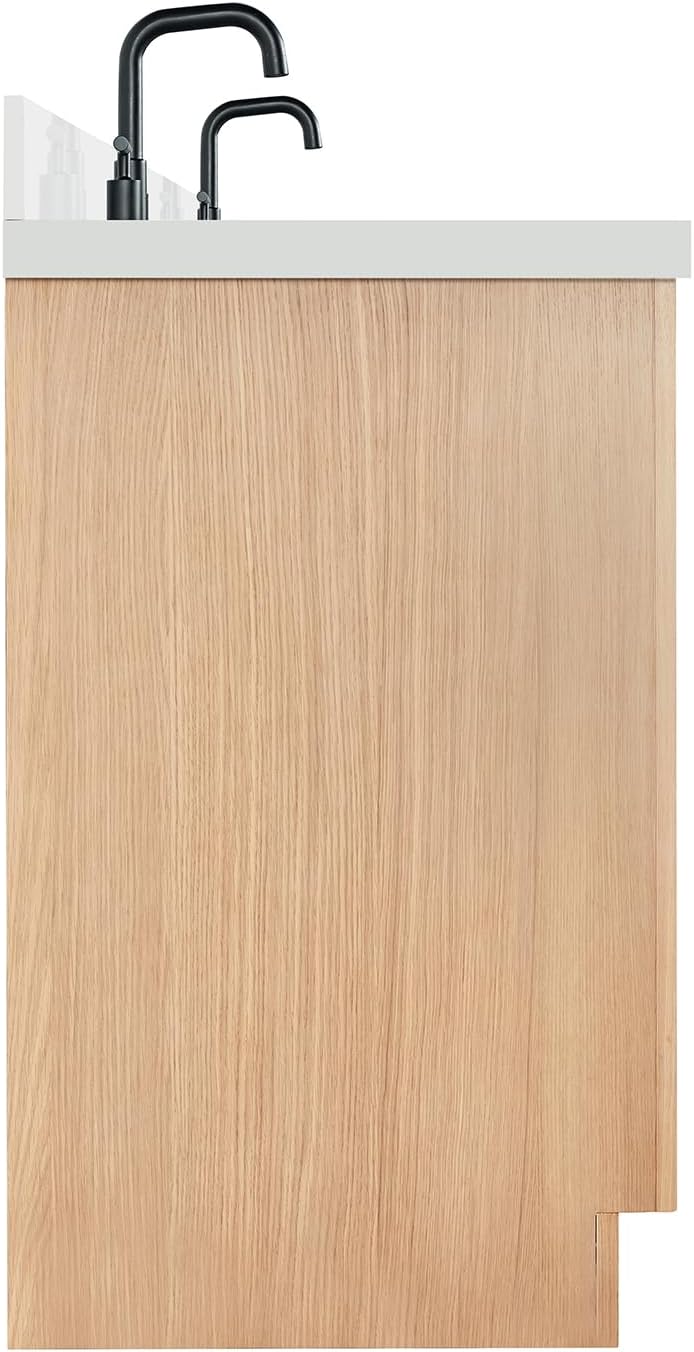 ARIEL Hepburn 66-inch Bathroom Vanity with Sink,Solid Wood, 1.5-inch Pure White Quartz Countertop, Double Rectangular Porcelain Sink, 4 Soft Closing Doors, 6 Dovetail Drawers, White Oak