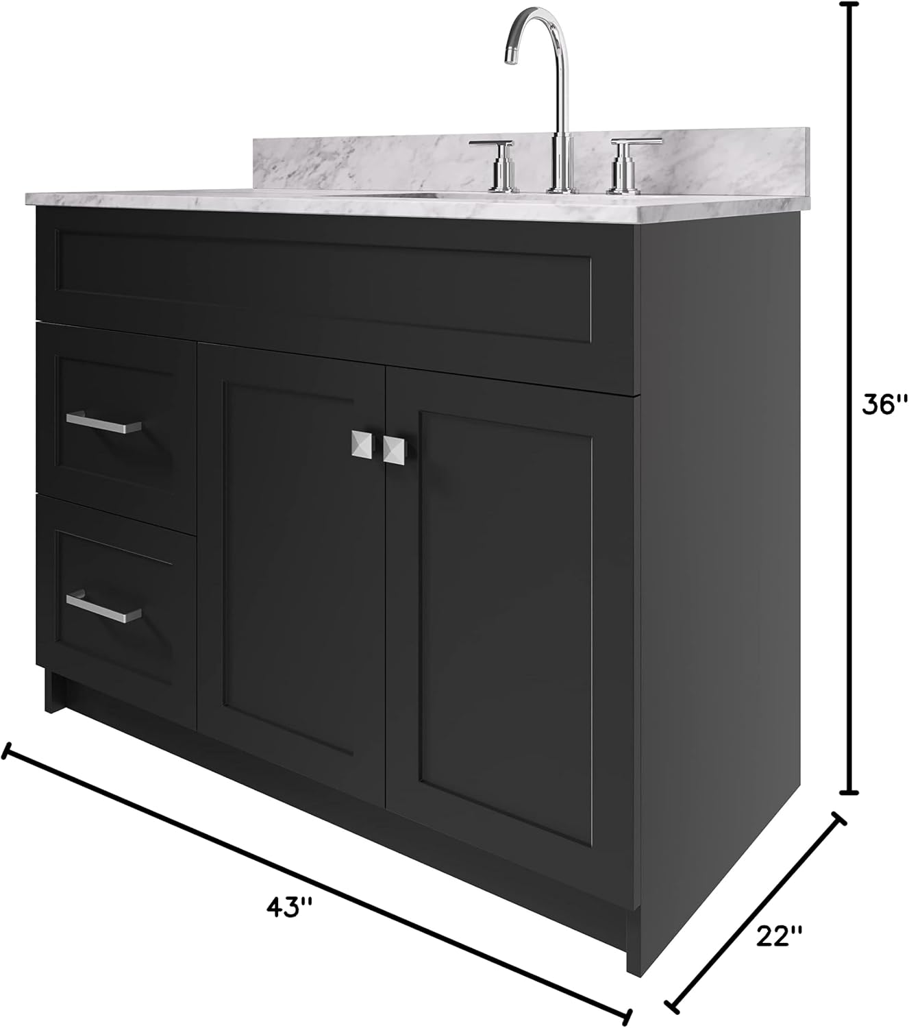 ARIEL Hamlet 43 in. Right Offset Rectangle Sink Vanity with 0.75 in. Carrara White Countertop in Black