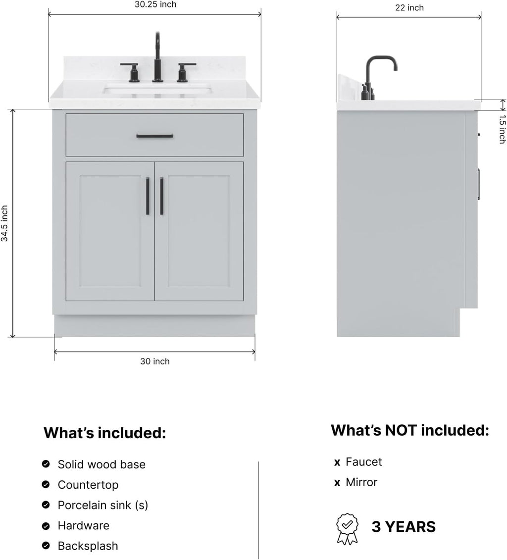 ARIEL Hepburn 30-inch Bathroom Vanity with Sink,Solid Wood, 1.5-inch Carrara White Quartz Countertop & Backsplash, Single Rectangular Porcelain Sink, 2 Soft Closing Doors, 1 Dovetail Drawers, Grey