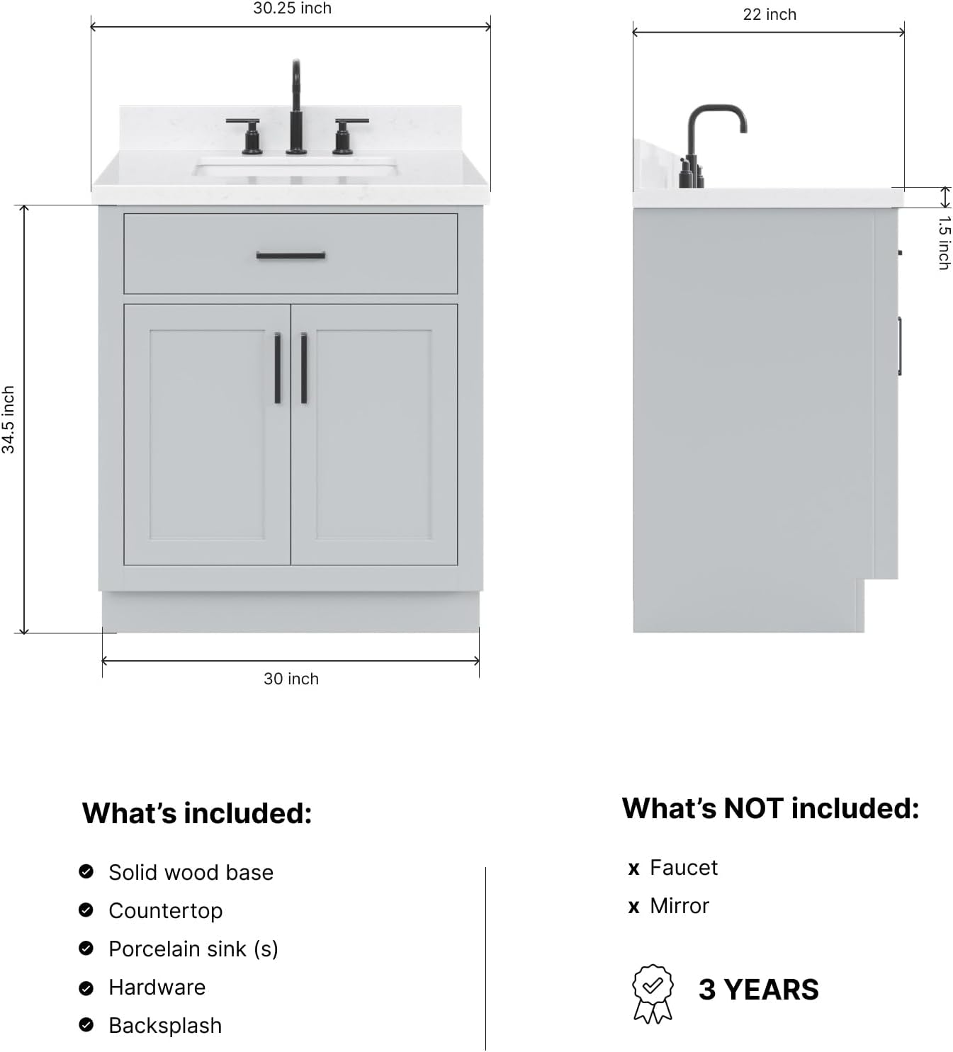 ARIEL Hepburn 30-inch Bathroom Vanity with Sink,Solid Wood, 1.5-inch Carrara White Quartz Countertop & Backsplash, Single Rectangular Porcelain Sink, 2 Soft Closing Doors, 1 Dovetail Drawers, Grey