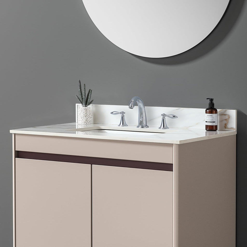 37' Bathroom Vanity Top with Ceramic Undermount Sink & Backsplash,Calacatta Gold Sintered Stone Counter Top, 3 Holes Vanity Sink Top
