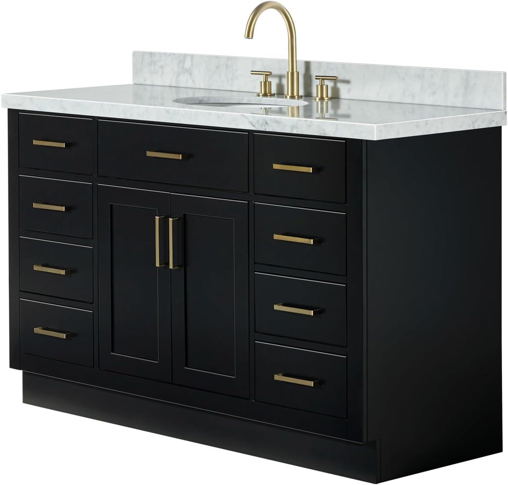 ARIEL Hepburn 54-inch Bathroom Vanity with Sink,Solid Wood, 1.5-inch Italian Carrara Marble Countertop & Backsplash, Single Oval Porcelain Sink, 2 Soft Closing Doors, 9 Dovetail Drawers, Black
