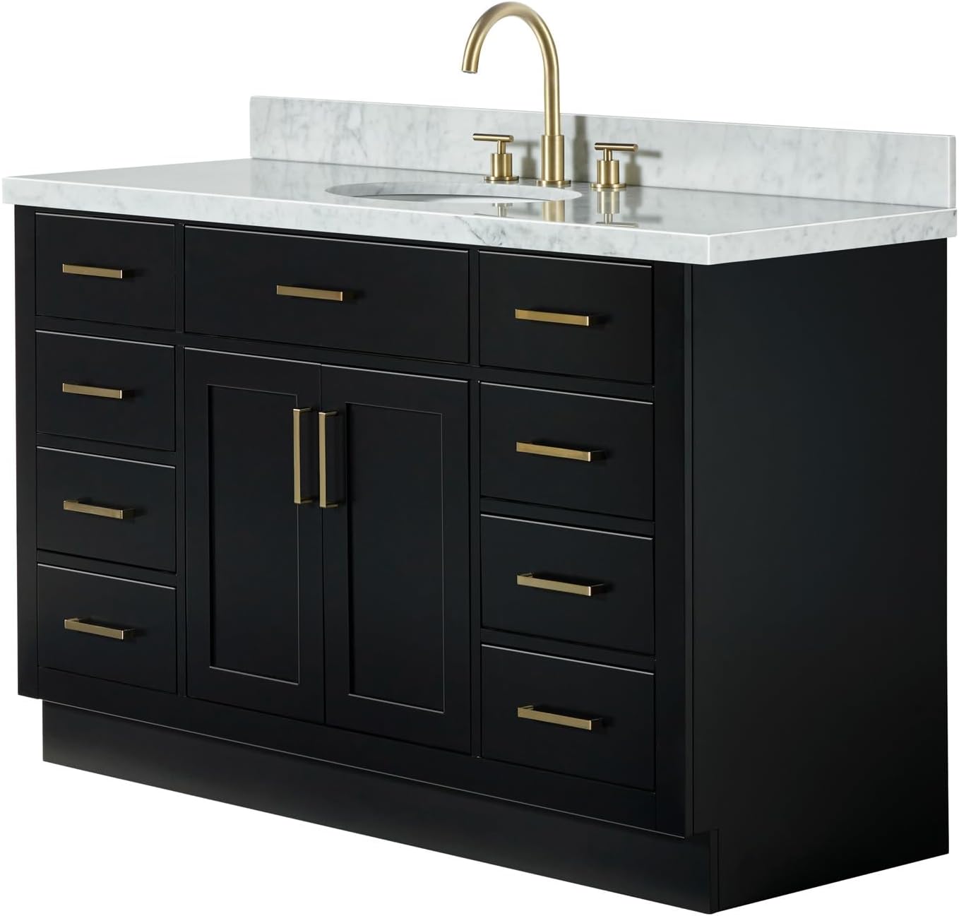 ARIEL Hepburn 54-inch Bathroom Vanity with Sink,Solid Wood, 1.5-inch Italian Carrara Marble Countertop & Backsplash, Single Oval Porcelain Sink, 2 Soft Closing Doors, 9 Dovetail Drawers, Black