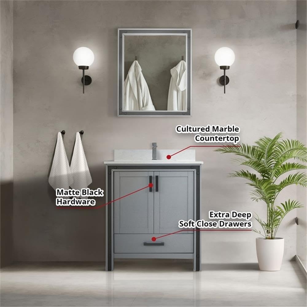 Ziva 30 in W x 22 in D Dark Grey Bath Vanity and Cultured Marble Top