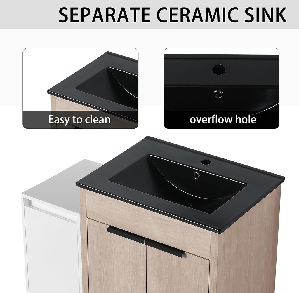 36 Inch Bathroom Vanity with Sink Top Combo, Freestanding Bathroom Vanity Cabinet with Black Ceramic Sink Plywood Bathroom Vanity Set with Storage Cabinets and Soft Closing Door