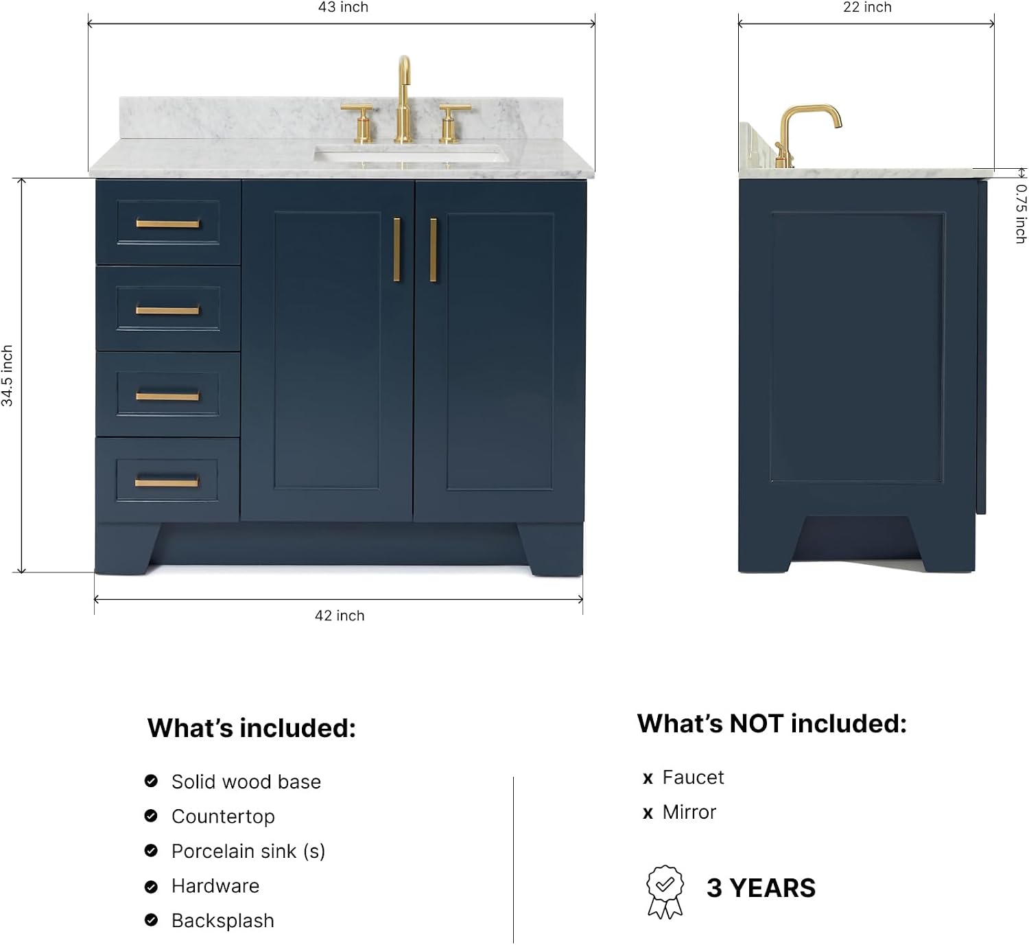 ARIEL Taylor 42-inch Bathroom Vanity with Sink,Solid Wood, 0.75-inch Italian Carrara Marble Countertop, Single Rectangular Porcelain Sink, 2 Soft Closing Doors, 5 Dovetail Drawers, Midnight Blue
