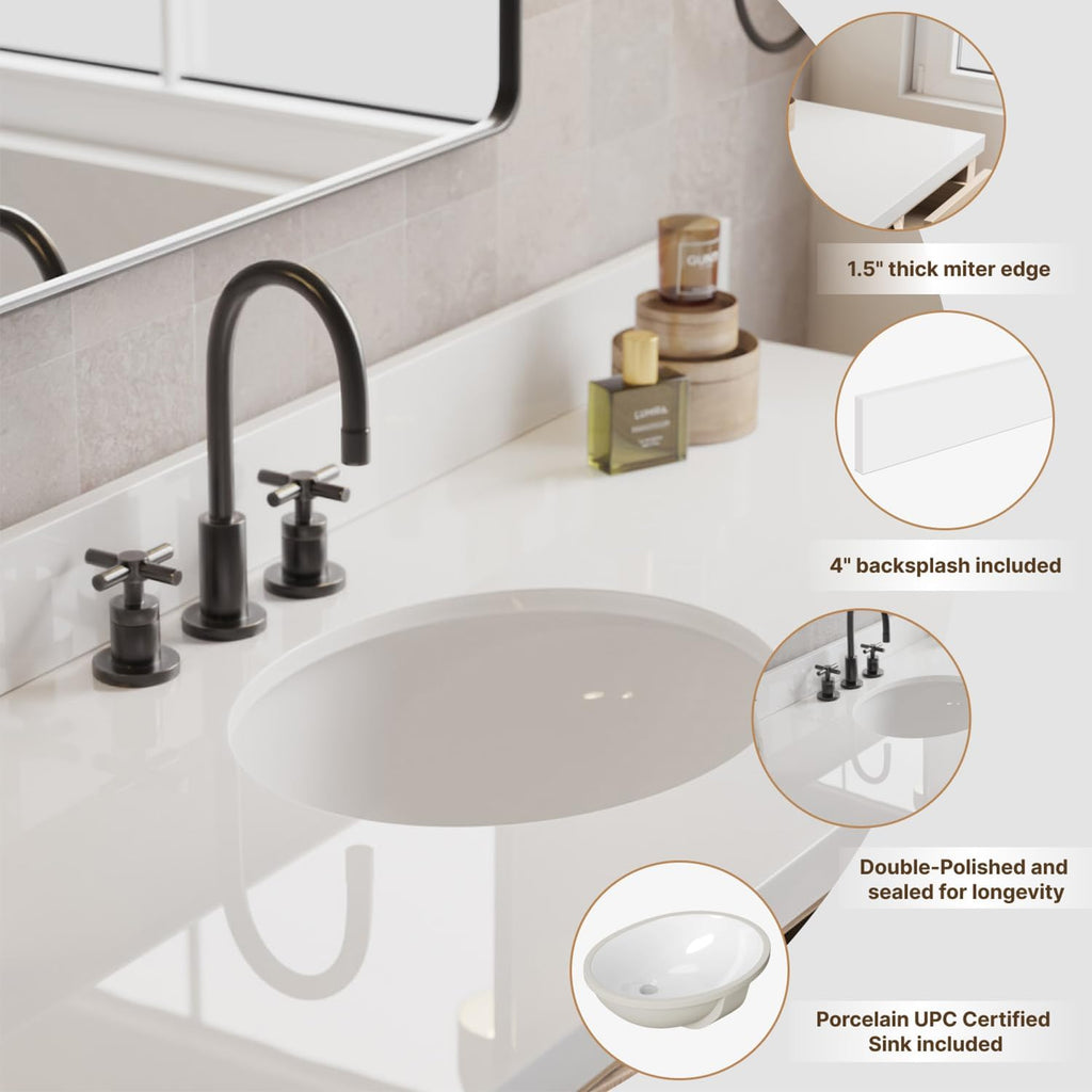 DKB Beckford 42-Inch Grey Bathroom Vanity with Sink, 1.5-Inch Pure White Quartz Countertop & Backsplash, Right Oval Sink, 2 Soft-Closing Doors, 5 Dovetail Drawers, Brushed Nickel Hardware