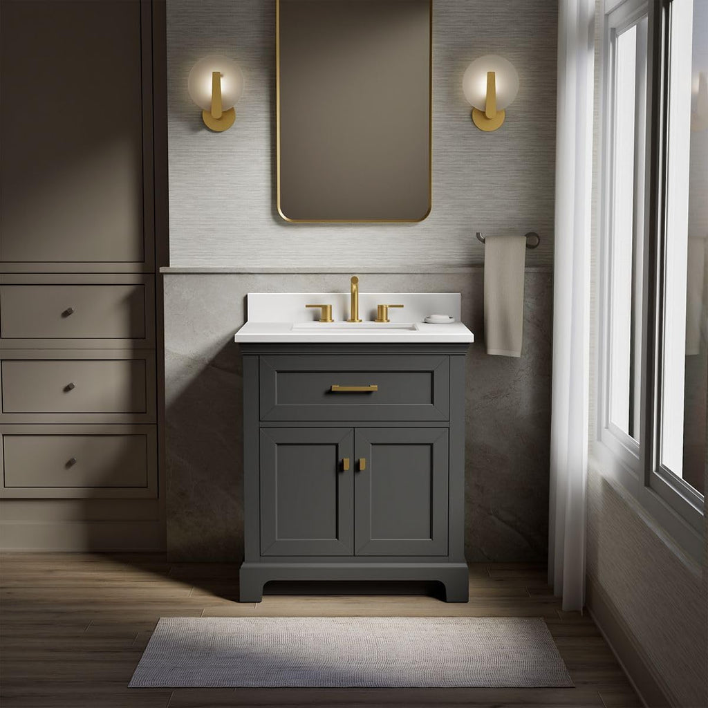 Kohler Charlemont 30' Bathroom Vanity Cabinet with White Sink and Quartz Top, Modern Bathroom Storage, Dark Warm Grey, K-29260-BD1-DWG