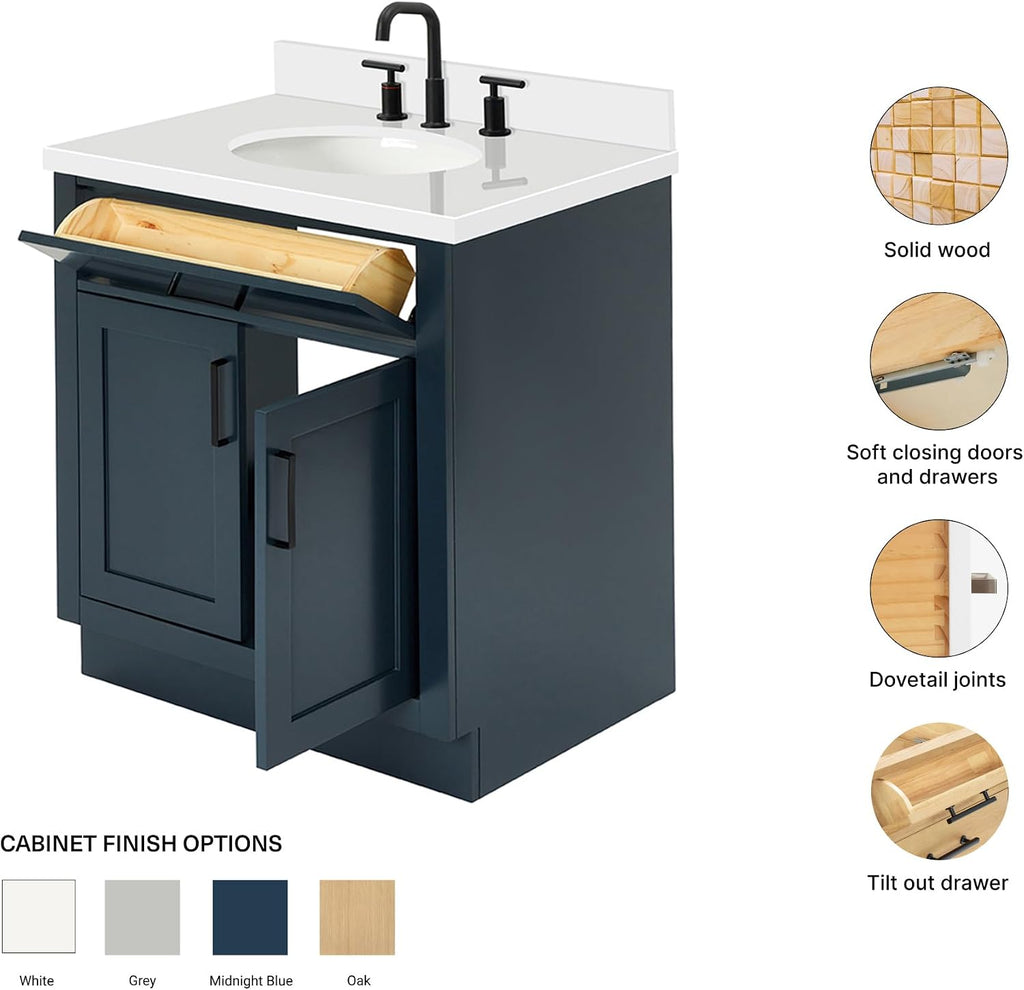 ARIEL Hepburn 30-inch Bathroom Vanity with Sink,Solid Wood, 1.5-inch Pure White Quartz Countertop & Backsplash, Single Oval Porcelain Sink, 2 Soft Closing Doors, 1 Dovetail Drawers, Midnight Blue