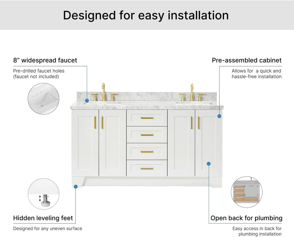 ARIEL Taylor 66-inch Bathroom Vanity with Sink,Solid Wood, 1.5-inch Italian Carrara Marble Countertop, Double Rectangular Porcelain Sink, 4 Soft Closing Doors, 5 Dovetail Drawers, White