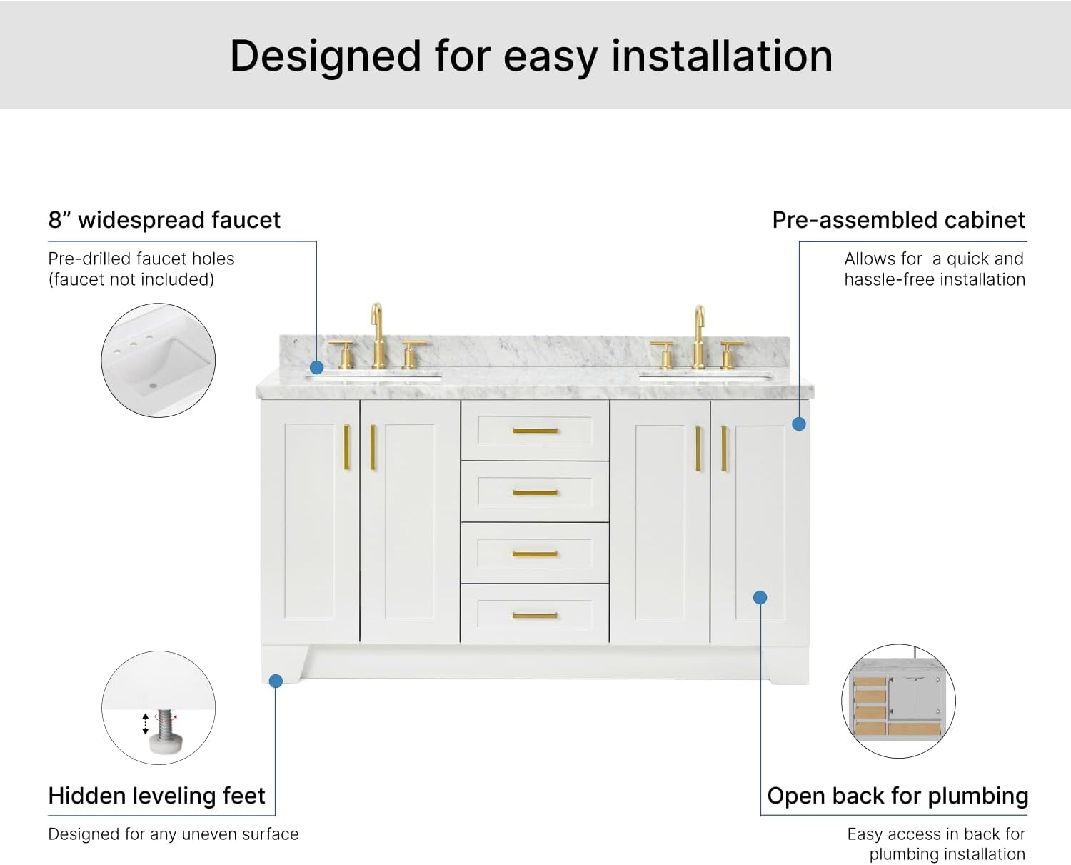 ARIEL Taylor 66-inch Bathroom Vanity with Sink,Solid Wood, 1.5-inch Italian Carrara Marble Countertop, Double Rectangular Porcelain Sink, 4 Soft Closing Doors, 5 Dovetail Drawers, White