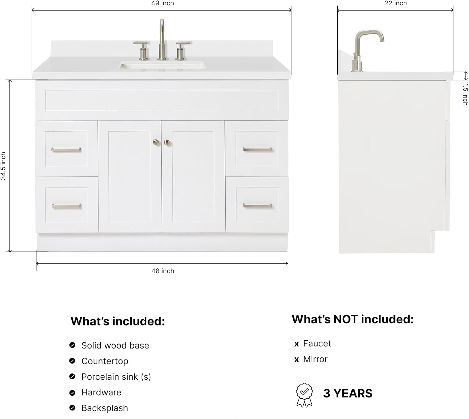 ARIEL Hamlet 48-inch Bathroom Vanity with Sink,Solid Wood, 1.5-inch Pure White Quartz Countertop & Backsplash, Single Rectangular Porcelain Sink, 2 Soft Closing Doors, 4 Dovetail Drawers, White