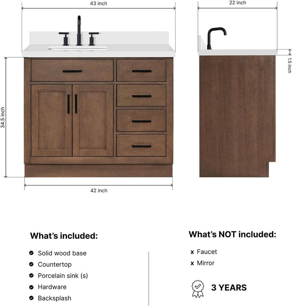 DKB Isabella 42-Inch Brown Oak Single Bathroom Vanity with Sink, 1.5-Inch Edge Pure White Quartz Countertop & 4' Backsplash, Soft-Closing Doors & Drawers, Solid Oak Wood Construction