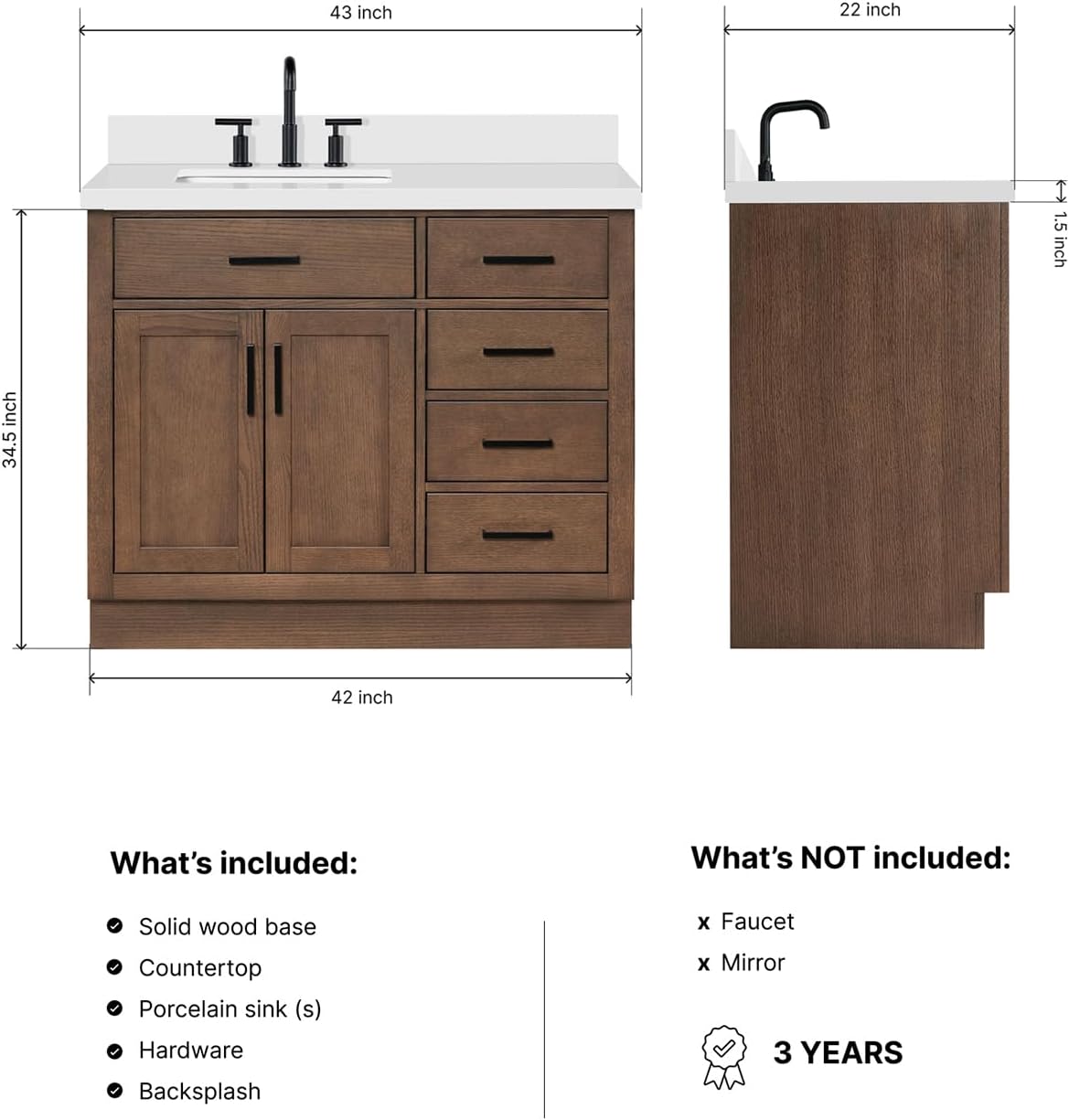 DKB Isabella 42-Inch Brown Oak Single Bathroom Vanity with Sink, 1.5-Inch Edge Pure White Quartz Countertop & 4' Backsplash, Soft-Closing Doors & Drawers, Solid Oak Wood Construction