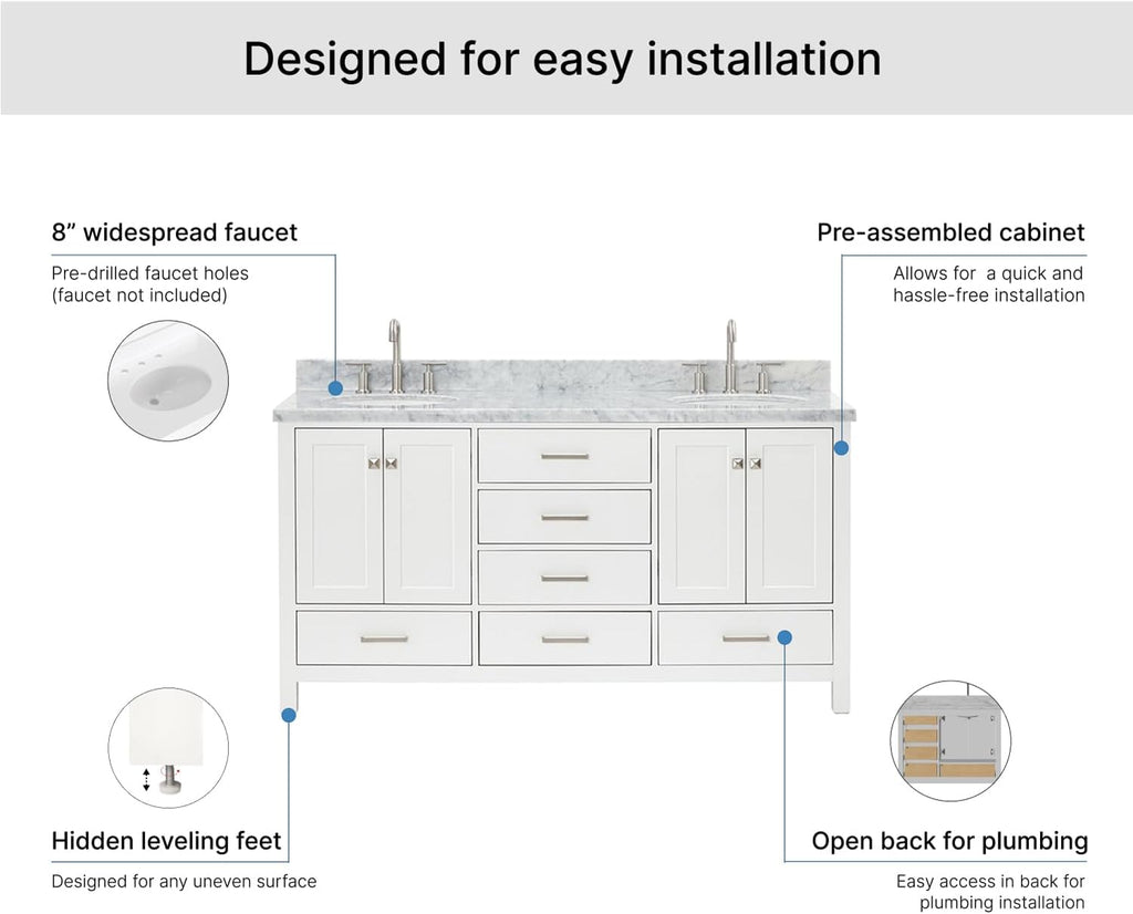 ARIEL Cambridge 66-inch Bathroom Vanity with Sink,Solid Wood, 1.5-inch Italian Carrara Marble Countertop & Backsplash, Double Oval Porcelain Sink, 4 Soft Closing Doors, 6 Dovetail Drawers, White