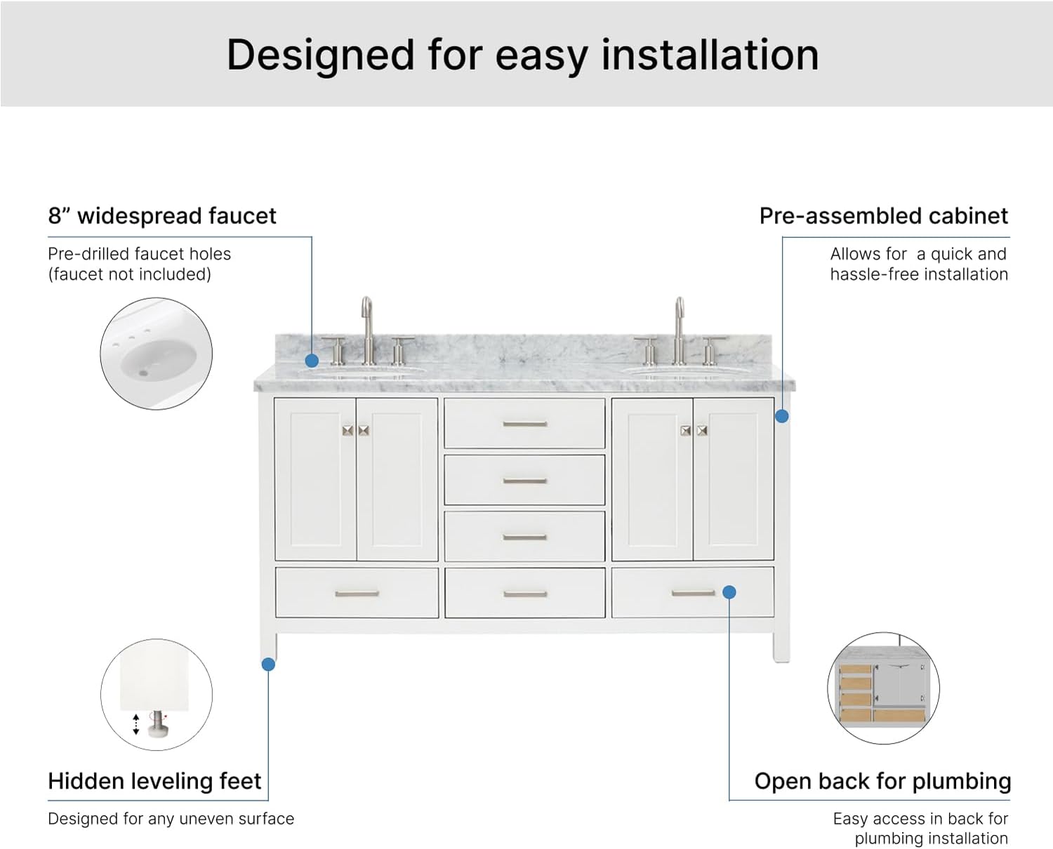 ARIEL Cambridge 66-inch Bathroom Vanity with Sink,Solid Wood, 1.5-inch Italian Carrara Marble Countertop & Backsplash, Double Oval Porcelain Sink, 4 Soft Closing Doors, 6 Dovetail Drawers, White