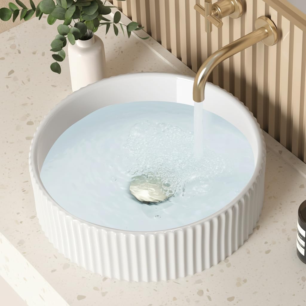 KES White Round Vessel Sink with Fluted Texture, 16 Inch Ceramic Bathroom Sink Above Counter, Small Porcelain Bowl Sink for RV Lavatory Vanity Countertop, BVSC129