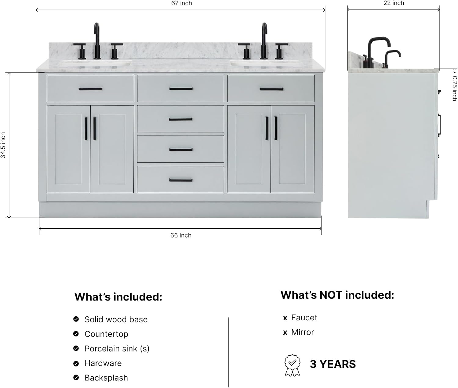 ARIEL Hepburn 66-inch Bathroom Vanity with Sink,Solid Wood, 0.75-inch Italian Carrara Marble Countertop, Double Rectangular Porcelain Sink, 4 Soft Closing Doors, 6 Dovetail Drawers, Grey