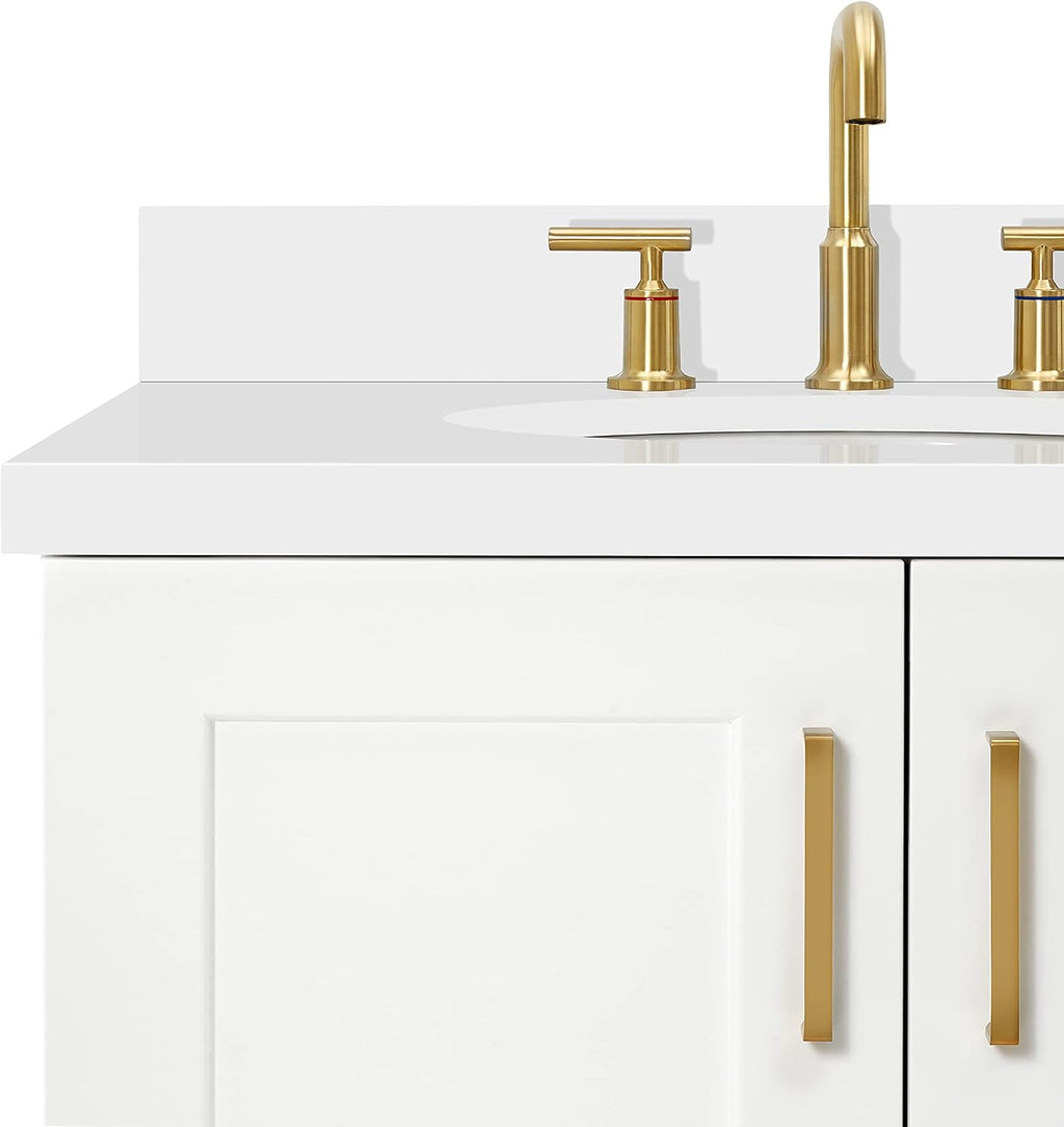 ARIEL Taylor 42-inch Bathroom Vanity with Sink,Solid Wood, 1.5-inch Pure White Quartz Countertop & Backsplash, Single Oval Porcelain Sink, 2 Soft Closing Doors, 5 Dovetail Drawers, White