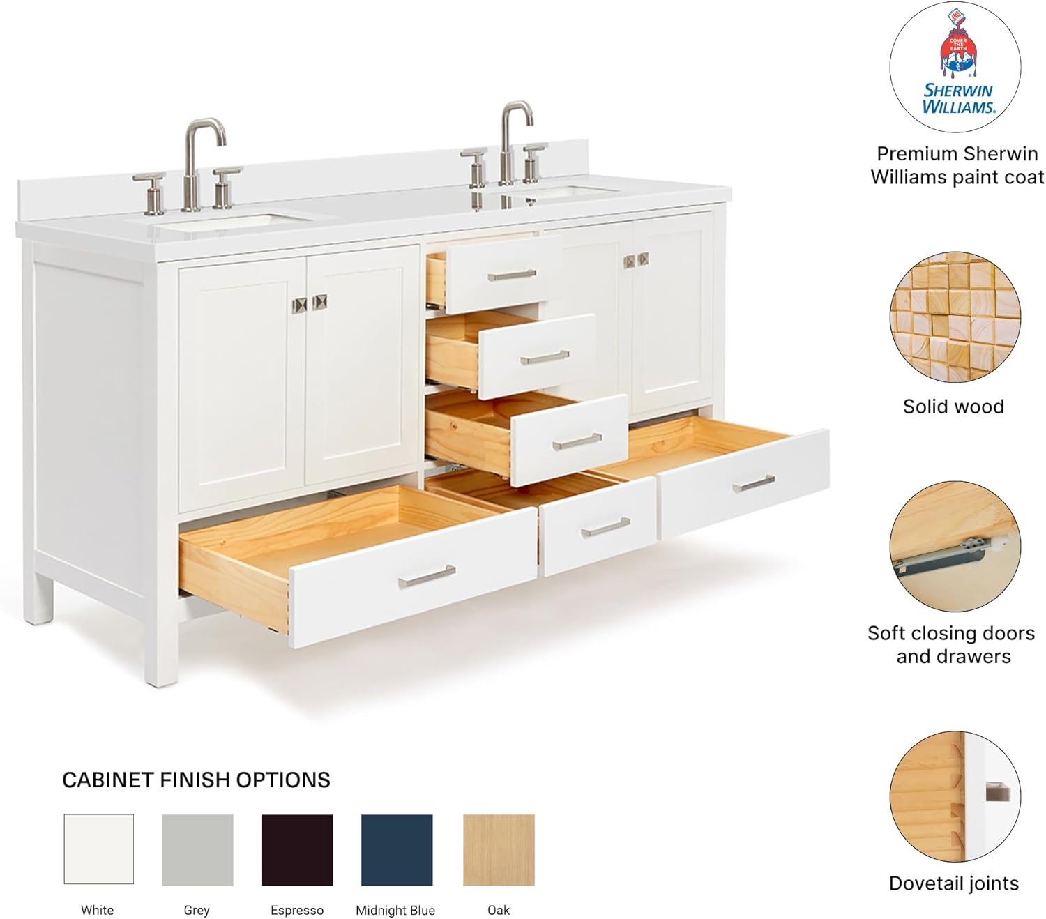 DKB Beckford 72 Inch Bathroom Vanity Double Sink — White Bathroom Vanity with Sink, 1.5' Edge Pure White Quartz Countertop & Backsplash, 4 Soft-Close Doors, 6 Dovetail Drawers