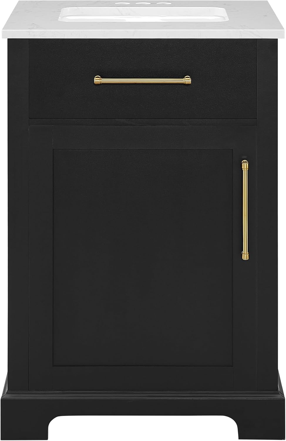 Clara Black 24-Inch Single Bathroom Vanity with Sink, Wood Single Shaker Door Cabinet with Adjustable Shelf, Nickel and Gold Handles, Pre-Drilled Marbled White Stone Top, Freestanding, Fully Assembled