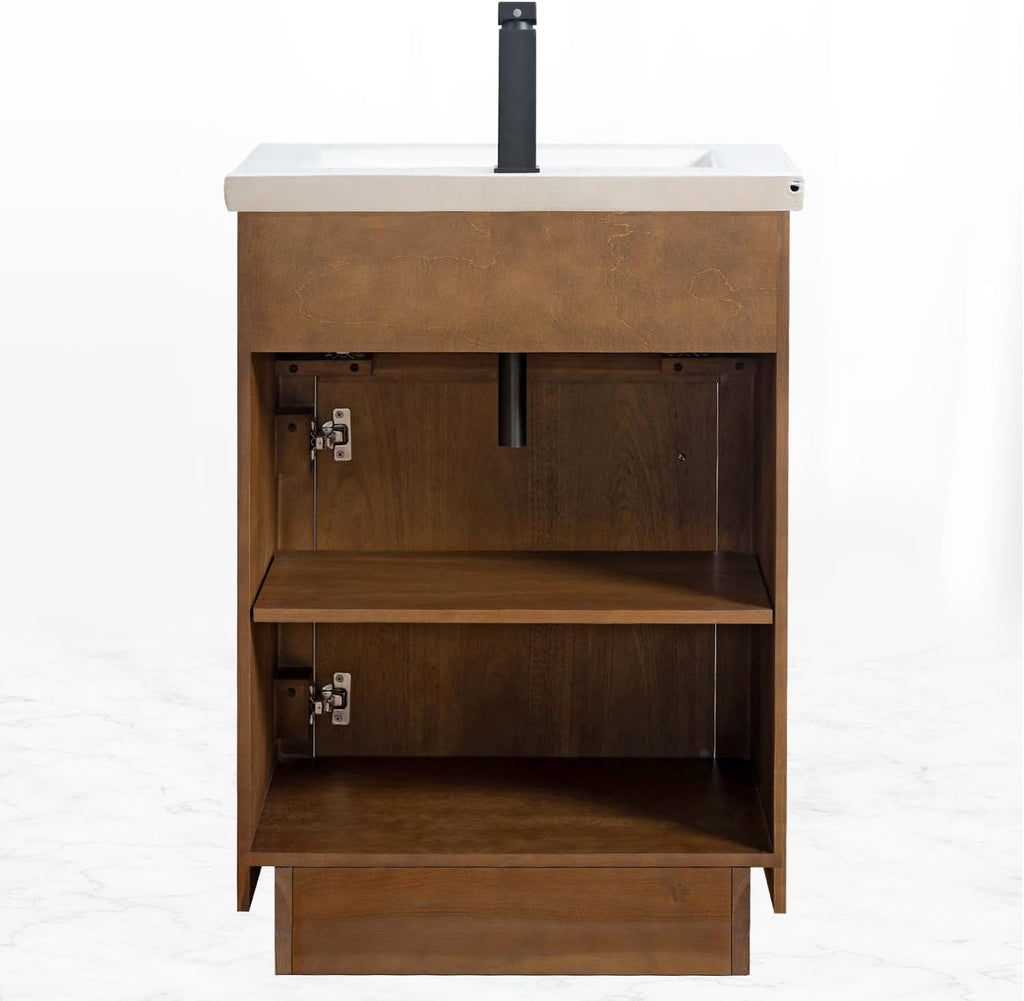 HOMEBEYOND 24' Bathroom Vanity with Single Sink & Ceramic Top, MDF Material Vanity Cabinet with Basin Combo, Soft-Closing Doors, Removable Shelf, Backsplash,Tan