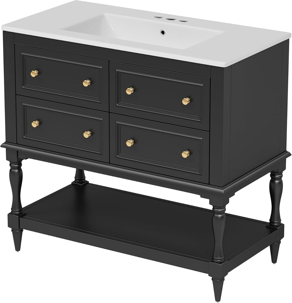 Merax Country 36' Bathroom Vanity with Sink, Farmhouse Bathroom Vanity Storage Cabinet with 4 Drawers and Open Shelf, Solid Wood Frame Bath Storage Vanity