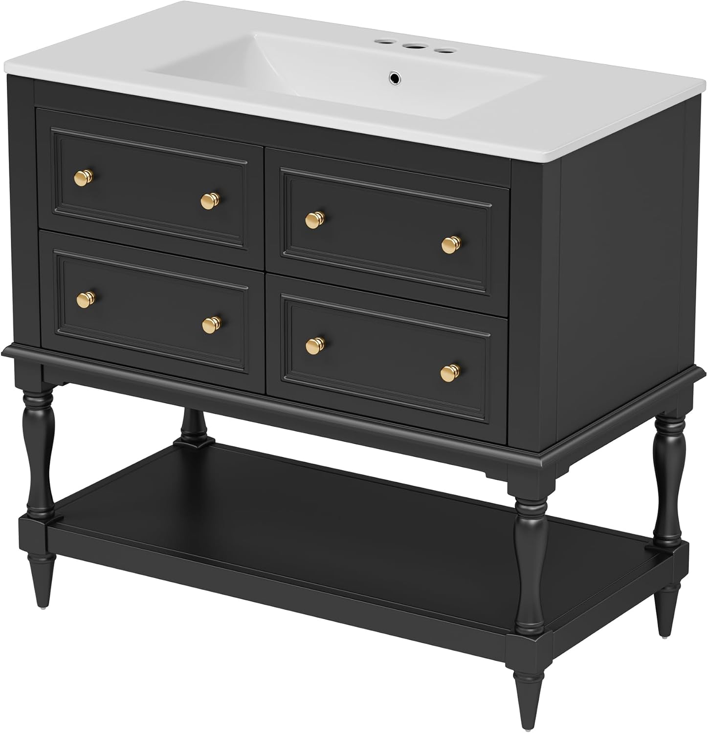 Merax Country 36' Bathroom Vanity with Sink, Farmhouse Bathroom Vanity Storage Cabinet with 4 Drawers and Open Shelf, Solid Wood Frame Bath Storage Vanity