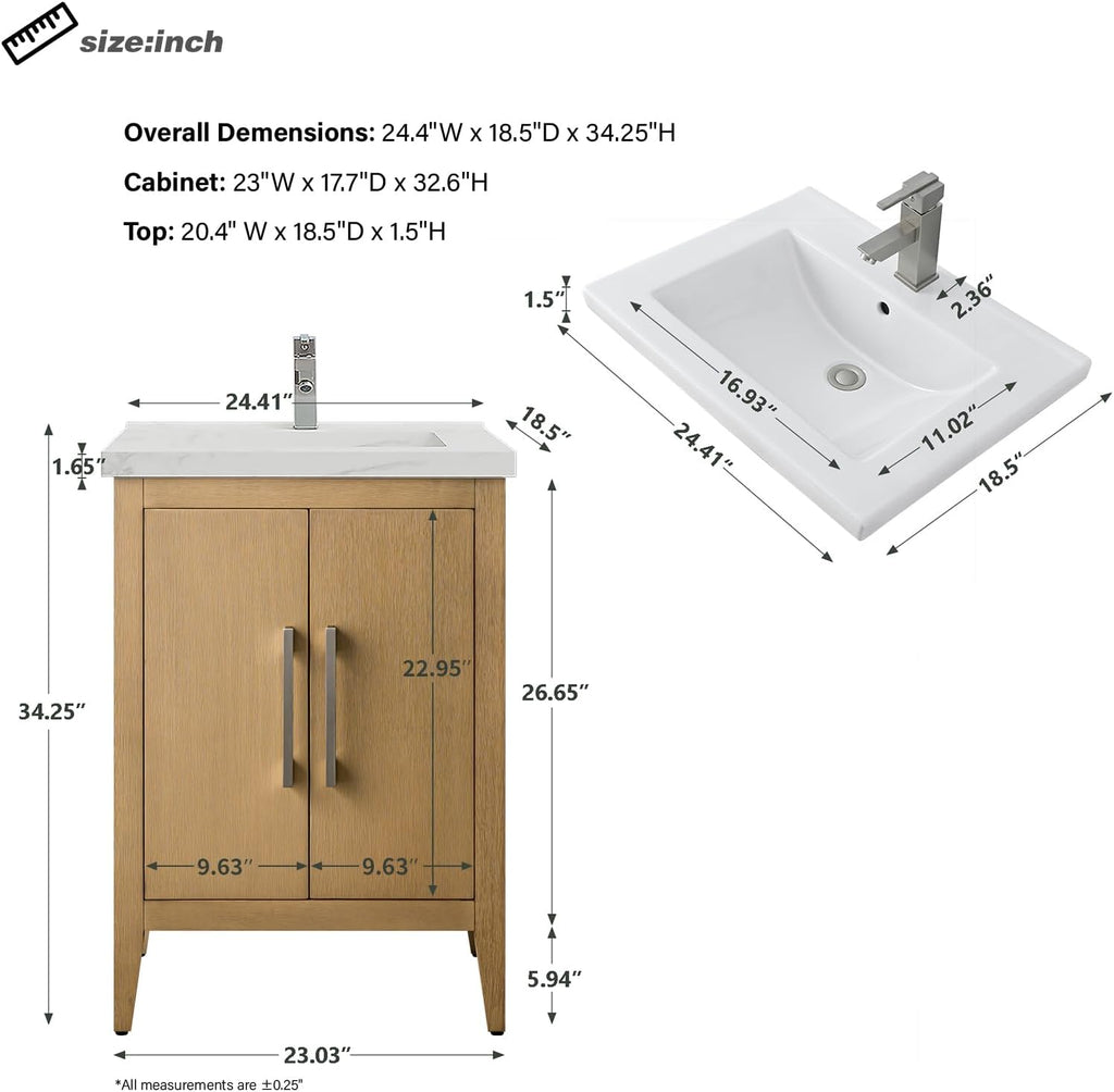 HOMEBEYOND 24 Inch Bathroom Vanities with Sink & Ceramic Top, Single Vanity Cabinet with Basin, Solid Wood Frame, Soft-Closing Doors & Golden Brushed Hardware, Natural Oak