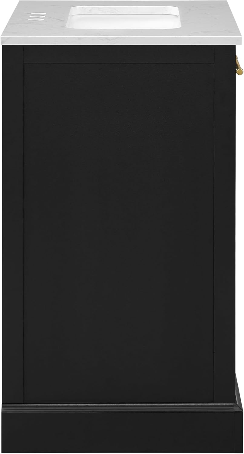 Clara Black 24-Inch Single Bathroom Vanity with Sink, Wood Single Shaker Door Cabinet with Adjustable Shelf, Nickel and Gold Handles, Pre-Drilled Marbled White Stone Top, Freestanding, Fully Assembled