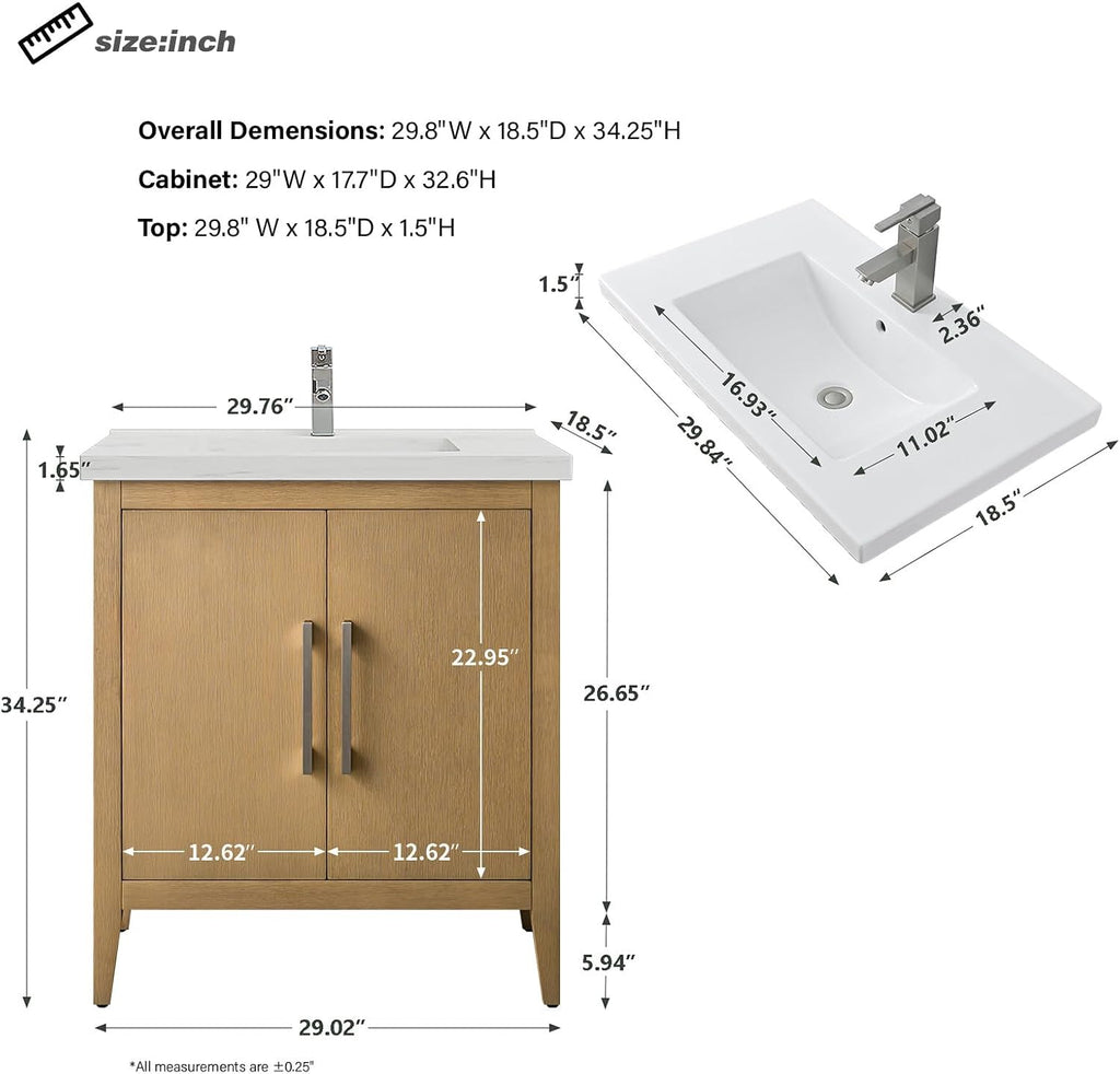 HOMEBEYOND 30 Inch Bathroom Vanities with Sink & Ceramic Top, Single Vanity Cabinet with Basin, Solid Wood Frame, Soft-Closing Doors & Golden Brushed Hardware, Natural Oak