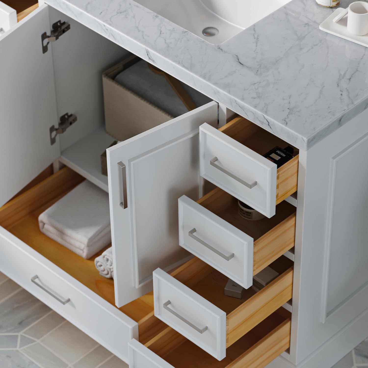 ARIEL Stafford 48-inch Bathroom Vanity with Sink,Solid Wood, 1.5-inch Italian Carrara Marble Countertop, Single Rectangular Porcelain Sink, 2 Soft Closing Doors, 9 Dovetail Drawers, White