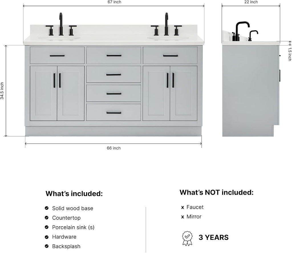 DKB Isabella 66-Inch Grey Double Bathroom Vanity, 1.5-Inch Pure White Quartz Countertop & Backsplash, Two Oval Sinks, 4 Soft Closing Doors, 6 Dovetail Drawers, Toe Kick, Matte Black Hardware