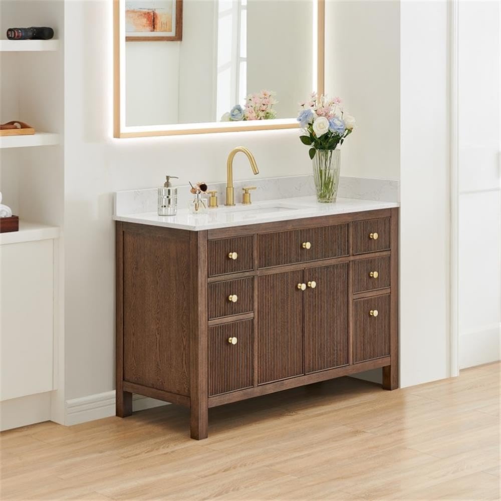 Pemberly Row 48' Wood Bathroom Vanity, Brown Brushed Oak Finish, Grain White Stone Top, Fluted Doors, 7 Drawers, Ceramic Sink, No Mirror Included, Contemporary Style for Bathroom Storage and